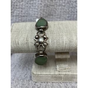 Silver Green Sea Glass & Pearl Link Bracelet 7.75" AS IS #65109